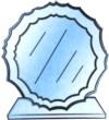 reconocimiento de escritorio de cristal con placa metálica en forma de charola, el escrito puede ir en el cristal o placa, incluye logo de institución o empresa.