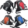 mochila fabricada en materiales de alta resistencia, repelente y con varios compartimentos, colores: naranja, rojo, azul y negro.